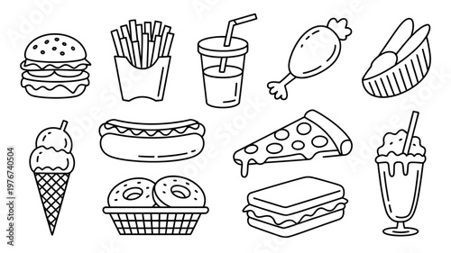 A black and white line art collection showcasing various popular fast food items and beverages in a doodle style.