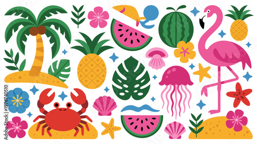 A bright and playful collection of tropical fruits, palm trees, and marine animals for summer designs.