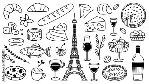 An intricate doodle compilation showcasing essential French food items, beverages, and the famous Eiffel Tower in a detailed line art style.