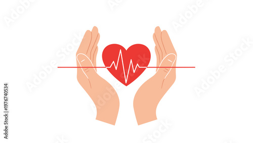 Red heart with a white heartbeat line being gently held between two human hands, representing care, health, and medicine.