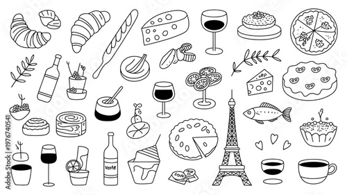 A comprehensive doodle collection depicting various iconic French cuisine items, beverages, and cultural symbols, including the Eiffel Tower.