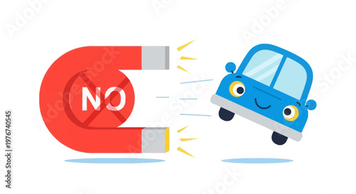 A cute blue car is repelled by a red horseshoe magnet with a "NO" symbol
