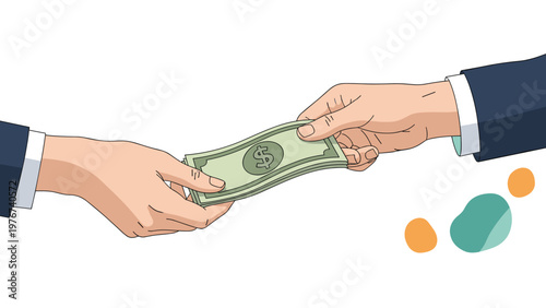 Two hands in business suits exchanging a stack of green dollar bills representing a payment, transaction, or financial deal.