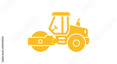 A simplified yellow icon of a road roller with a cab, drum, wheels, and a smokestack