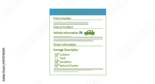 A car insurance claim form is depicted with fields for information, checkboxes, and a car icon