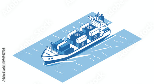 An isometric view of a cargo ship sailing on water, carrying containers