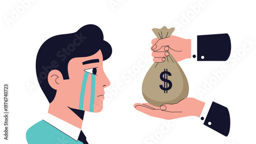 Crying man watching a sack of money being taken away by another hand, illustrating loss of wealth, theft, or bankruptcy.