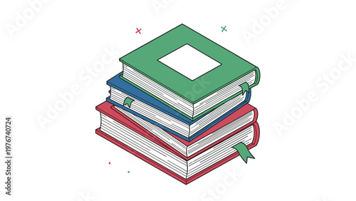 Stack of three colorful hardcover books with bookmarks shown in an isometric view against a white background for educational concepts.