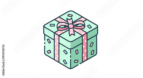 A vector illustration depicts a teal gift box tied with a pink polka-dotted ribbon and bow