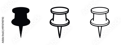 Push pin thumbtack icon set, office stationery and reminder symbol in three styles, organization tool