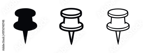 Thumbtack push pin icon set, office and information marker symbol in three styles, memo attachment