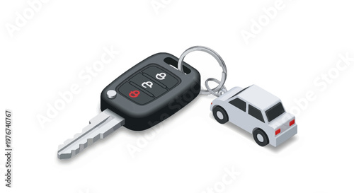 An illustration depicting a car key fob with a keychain carrying a miniature car charm