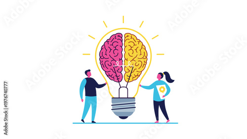 Male and female figures standing beside a giant glowing lightbulb containing a pink and yellow brain to represent creative ideas.