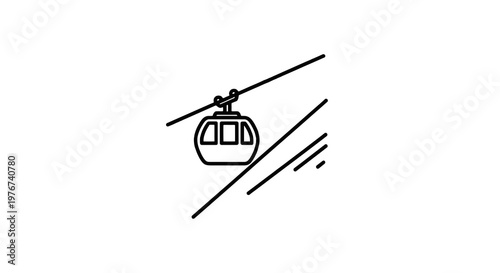 Line art illustration depicts a cable car ascending, with angled lines suggesting terrain