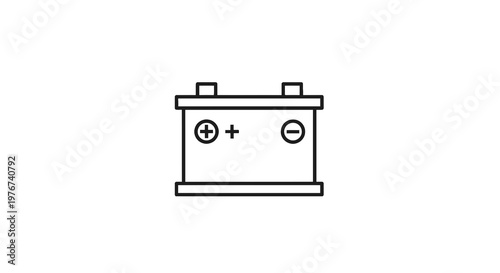 A minimalist line-drawn illustration of a car battery with terminals and polarity symbols