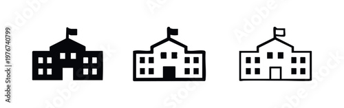 School building icons set with flag on roof, representing education, university, and academic institutions.