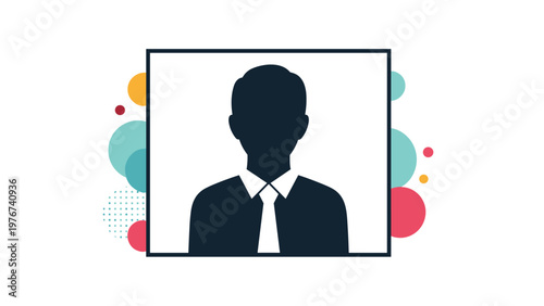 Profile silhouette of a man in a business suit with a white tie surrounded by colorful circular elements for user avatar icons.