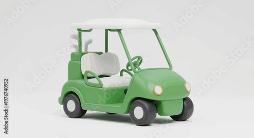 A cartoon-style green golf cart on a white background. It has a white roof and seats