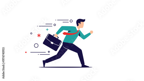 Businessman in a suit and tie running fast with a briefcase in hand representing a career race, urgency, and professional hustle.