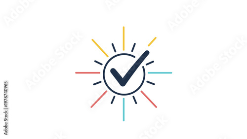 Dark blue checkmark icon inside a circle with colorful rays of light emanating outward to symbolize success and verified status.