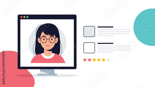 Computer monitor displaying a female user profile with a star rating and text information for online review and feedback concepts.