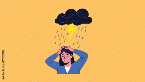 Depressed woman holding her head in distress under a dark rain cloud with a lightning bolt representing stress and mental health.