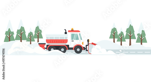 A white and red snowplow clears a snow-covered road lined with evergreen trees