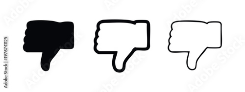 Dislike or thumbs down icon set: solid, thick outline, and thin outline for feedback and social media.