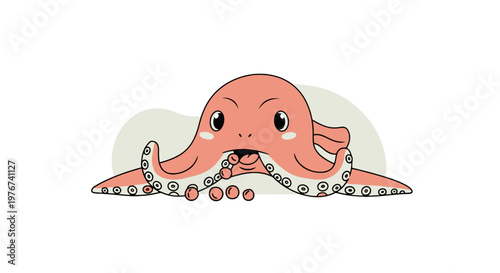 Cartoon octopus in pink with big eyes and round tentacles. It is sitting in front of a neutral backdrop