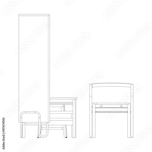 Side view line drawing of a living room set with three seater sofa, rack cabinet, lazy chair, coffee table, and side table. Minimalist outline highlighting proportions and structure.