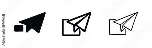 Send message icon set with paper plane and document: solid, thick outline, and thin outline for communication apps.