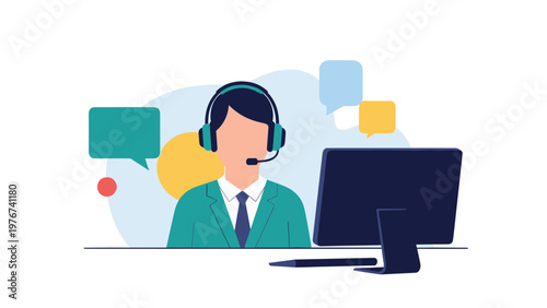 Customer support agent wearing a headset at a computer desk with colorful speech bubbles representing communication and help.