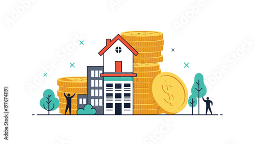 Miniature houses and buildings placed in front of large stacks of gold coins representing real estate investment and property wealth.