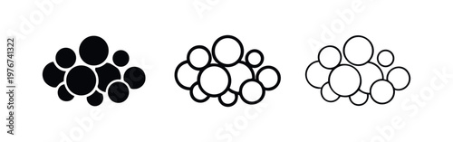 Abstract Bubble Cluster Icon Set (Horizontal). Spheres or molecules graphic in solid and outline vector styles.