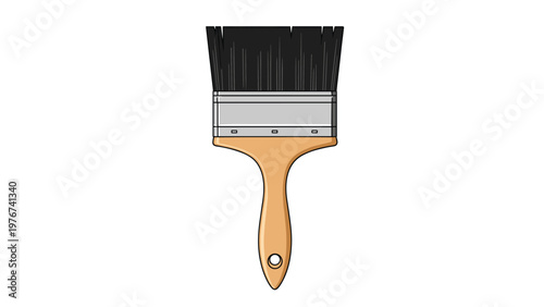 Professional paint brush with a light wooden handle and thick black bristles used for painting walls and home renovation projects.