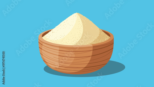 Small wooden bowl filled with a heap of white granular powder like sugar, salt, or flour used in cooking and baking ingredients.