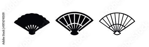 Hand fan vector icon set. Traditional oriental folding fan symbol in various styles, isolated on white background.