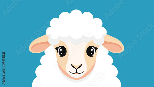 Close-up portrait of a cute white cartoon sheep with large expressive eyes against a solid blue background.