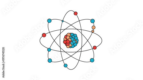 Stylized scientific representation of an atom showing electrons orbiting a central nucleus with protons and neutrons.