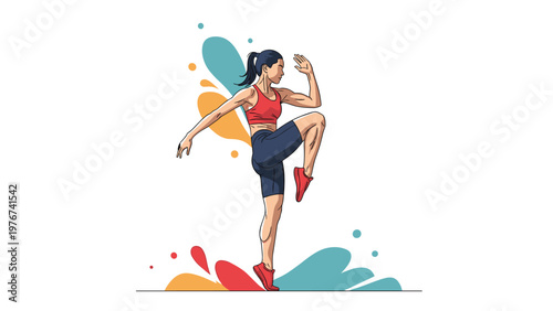 Athletic woman performing high knees exercise with dynamic colorful abstract shapes in the creative background.