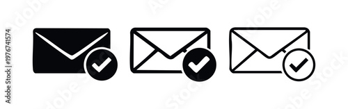 Mail with checkmark icon set. Email message sent, read, or confirmed symbol on white background.