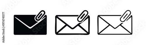 Mail with attachment icon set. Email message with paperclip symbol on white background.