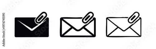 Email attachment icon set with varied styles. Envelope with paperclip symbol on white background.