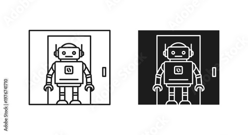 Minimalist robot icon set, futuristic android character in line and glyph styles, artificial intelligence technology vector symbols