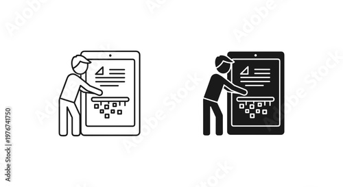 Minimalist data privacy icon set, person shredding digital documents on tablet screen, secure information deletion and file destruction vector