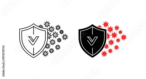 Immune system protection shield icons, virus defense and antibacterial barrier vector, medical health safety symbols for disease prevention