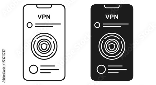 VPN mobile application interface icons, smartphone security shield protection vector, virtual private network app design in line and solid styles