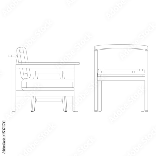 Side view line drawing of a living room set with lazy chairs, three seater sofa, round side table, and coffee table. Minimalist outline highlighting proportions and structure.