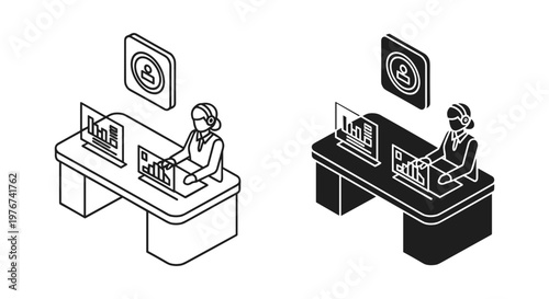 Isometric customer support agent vector icons, call center operator at desk with headset, black and white line art office worker illustration