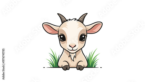 Adorable illustration of a young goat kid peeking over a white ledge with small patches of vibrant green grass.
